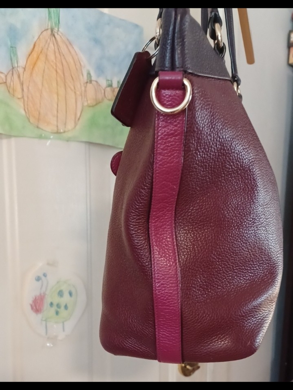 Coach Burgundy Leather Tote Navy Trim and Pink Accent Hangtags Shoulder Purse - Picture 4 of 16